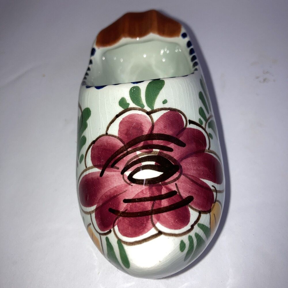 Vintage Hand Painted Delfts Ceramic Floral Design Clog Shoe Planter - 5” Long